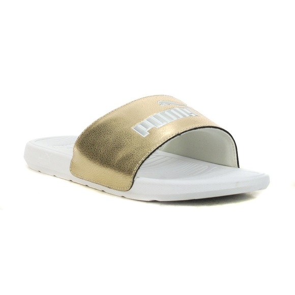 Puma Cool Cat 2.0 gold silver and white slides NWT size 11 - Picture 1 of 6